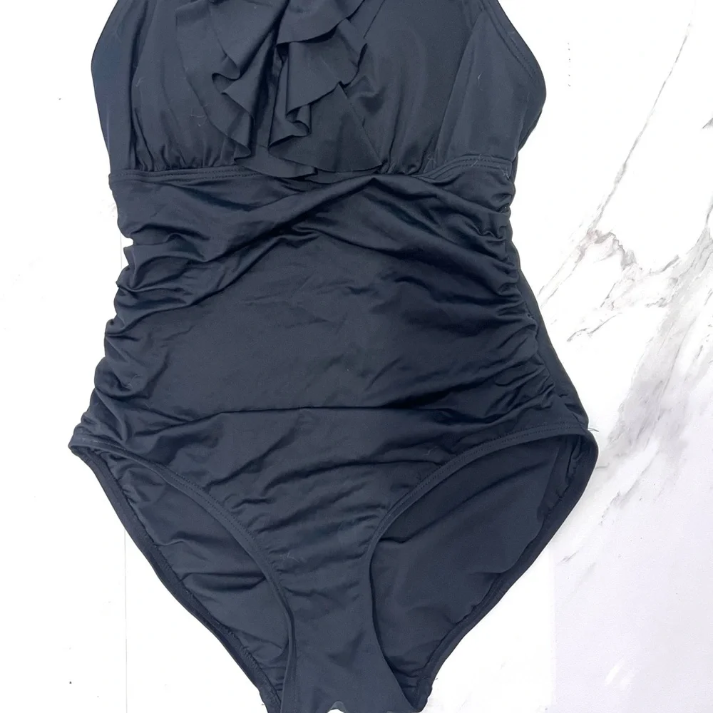 DKNY Black Classic One Piece halter‎ swimsuit ruffle front detail 6 - Picture 5 of 9